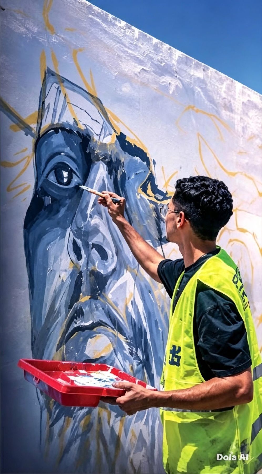 Imad Eddine Erraysse painting a mural at the Jidar festival in Rabat