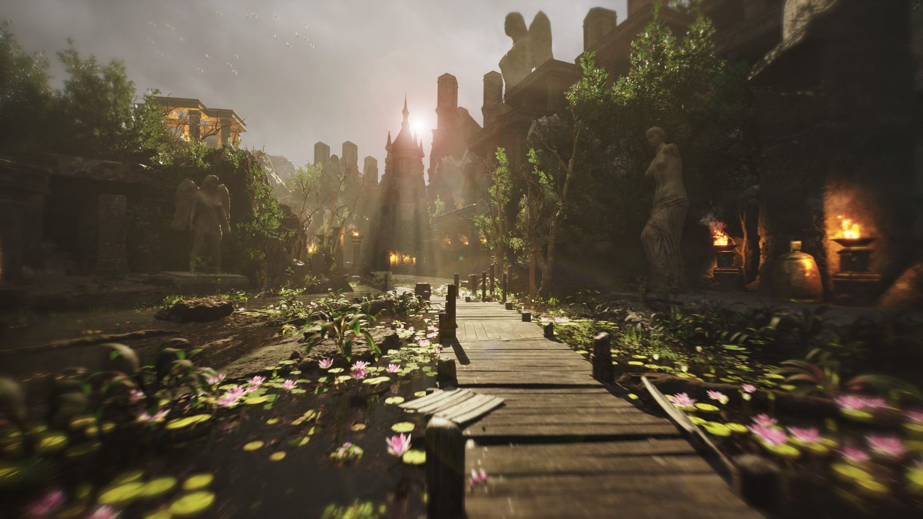Au-delà des ruines, a real-time 3D environment in Unreal Engine 5: a wooden jetty through ruins and water lilies at golden hour
